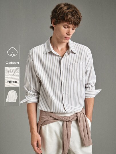 Horizaway Camisa de manga larga a rayas de un solo pecho versátil y casual para hombre