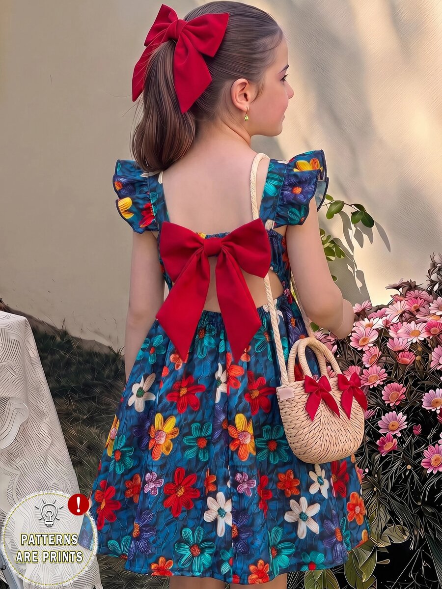 SHEIN Young Girl Print For Kids Vacation Style Cute Vacation Dress - Multicolor - View 1