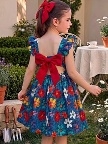 SHEIN Young Girl Print For Kids Vacation Style Cute Vacation Dress - Multicolor - View 5