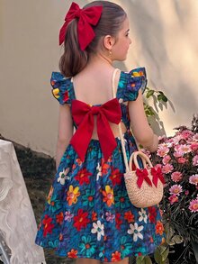 SHEIN Young Girl Print For Kids Vacation Style Cute Vacation Dress - Multicolor - View 3
