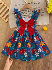 SHEIN Young Girl Print For Kids Vacation Style Cute Vacation Dress - Multicolor - View 6