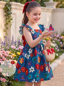 SHEIN Young Girl Print For Kids Vacation Style Cute Vacation Dress - Multicolor - View 4