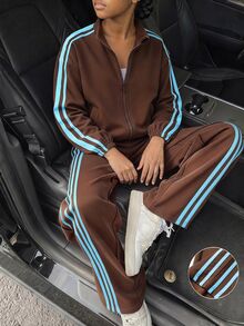 SHEIN Sparklyn 2pcs/Set Tween Girls Loose Casual Design Stand Collar Color Block Striped Zip-Up Jacket With Loose Casual Elastic Waist Long Pants With Matching Co... - Brown - View 4