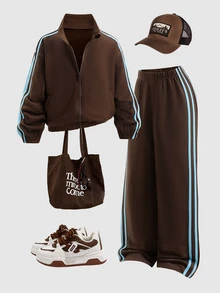 SHEIN Sparklyn 2pcs/Set Tween Girls Loose Casual Design Stand Collar Color Block Striped Zip-Up Jacket With Loose Casual Elastic Waist Long Pants With Matching Co... - Brown - View 3