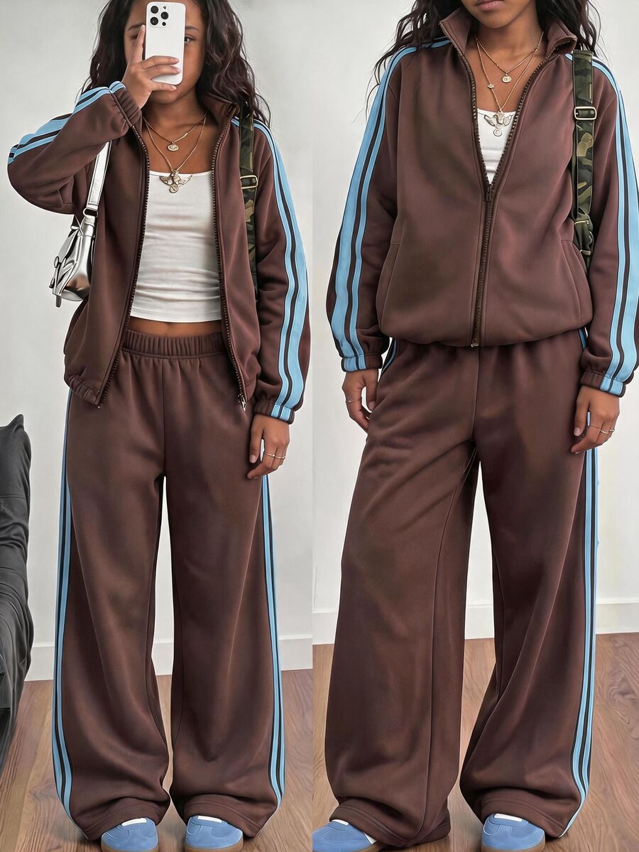 SHEIN Sparklyn 2pcs/Set Tween Girls Loose Casual Design Stand Collar Color Block Striped Zip-Up Jacket With Loose Casual Elastic Waist Long Pants With Matching Co... - Brown - View 1