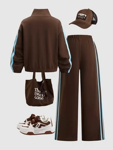 SHEIN Sparklyn 2pcs/Set Tween Girls Loose Casual Design Stand Collar Color Block Striped Zip-Up Jacket With Loose Casual Elastic Waist Long Pants With Matching Co... - Brown - View 2