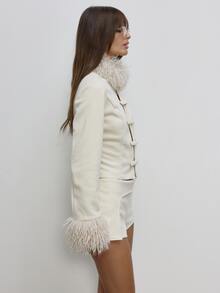 MUSERA Faux Fur Trim Hook And Eye Closure Longsleeve Jacket Cute Daily Girly Sweet Mischief - Beige - View 4