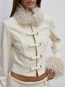 MUSERA Faux Fur Trim Hook And Eye Closure Longsleeve Jacket Cute Daily Girly Sweet Mischief - Beige - View 6