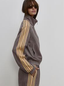 MUSERA Faux Suede Side Stripe Zip Up High Neck Track Jacket Autumn Cute Daily Girly Sweet Mischief - Grey - View 4