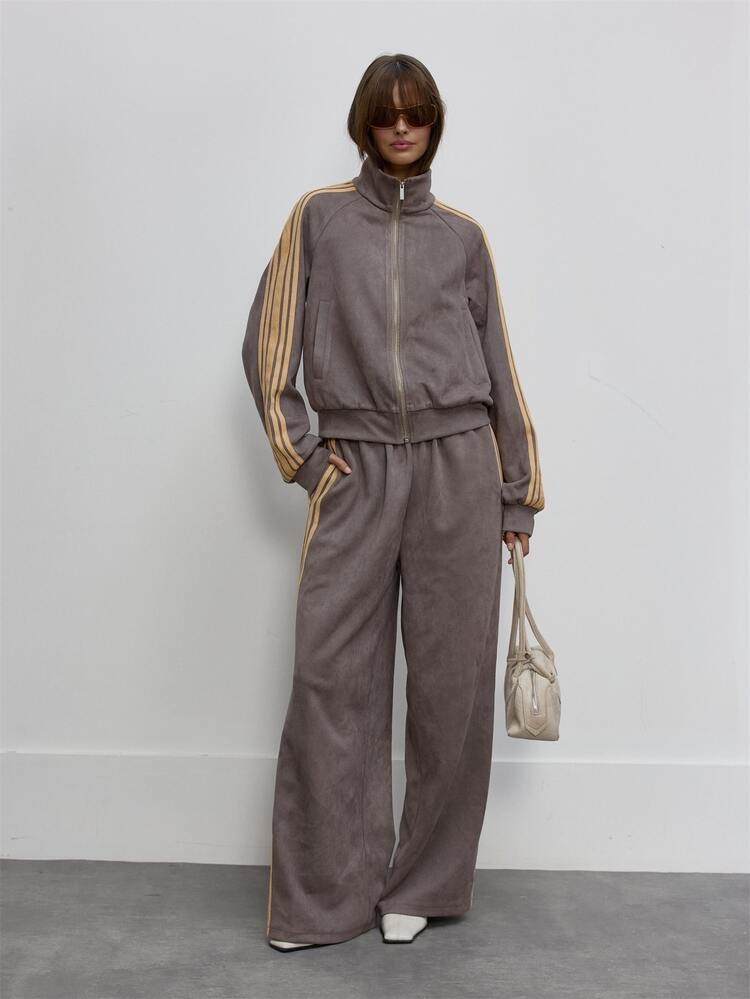 MUSERA Faux Suede Side Stripe Zip Up High Neck Track Jacket Autumn Cute Daily Girly Sweet Mischief - Grey - View 3