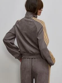 MUSERA Faux Suede Side Stripe Zip Up High Neck Track Jacket Autumn Cute Daily Girly Sweet Mischief - Grey - View 5
