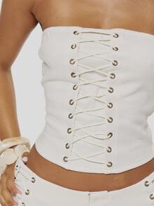 MUSERA Faux Suede Lace Up Studded Bandeau Top Boho, Sexy, Autumn, Festival, Girly, Studs & Suede - Khaki - View 5
