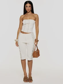 MUSERA Faux Suede Lace Up Studded Bandeau Top Boho, Sexy, Autumn, Festival, Girly, Studs & Suede - Khaki - View 1