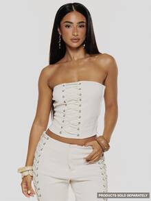 MUSERA Faux Suede Lace Up Studded Bandeau Top Boho, Sexy, Autumn, Festival, Girly, Studs & Suede - Khaki - View 3