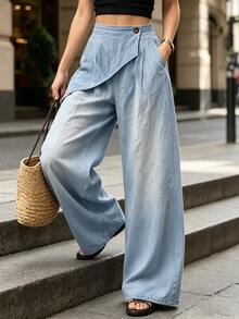SHEIN High Elastic Waist Wide Leg Pants - Blue - View 7