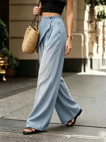SHEIN High Elastic Waist Wide Leg Pants - Blue - View 6
