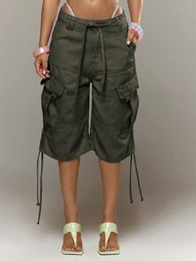 MUSERA Pink Low Rise Cargo Shorts Jorts Baggy Short Adustable Waist Spring Summer Holiday Vacation Ibiza Festival Y2K Psyche - Army Green - View 1