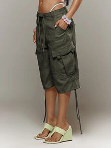 MUSERA Pink Low Rise Cargo Shorts Jorts Baggy Short Adustable Waist Spring Summer Holiday Vacation Ibiza Festival Y2K Psyche - Army Green - View 4