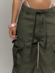 MUSERA Pink Low Rise Cargo Shorts Jorts Baggy Short Adustable Waist Spring Summer Holiday Vacation Ibiza Festival Y2K Psyche - Army Green - View 2