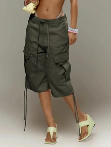 MUSERA Pink Low Rise Cargo Shorts Jorts Baggy Short Adustable Waist Spring Summer Holiday Vacation Ibiza Festival Y2K Psyche - Army Green - View 3