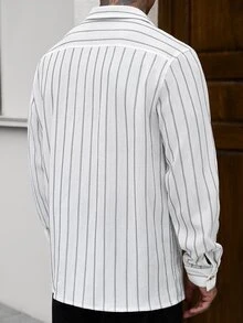 Manfinity CasualCool 男士條紋長袖休閒通勤襯衫 - 白色 - 查看 2