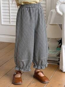 DAZY Young Girl Loose Lantern Pants With Elastic Waist Design Plaid Long Pants Summer - Black and White - View 8