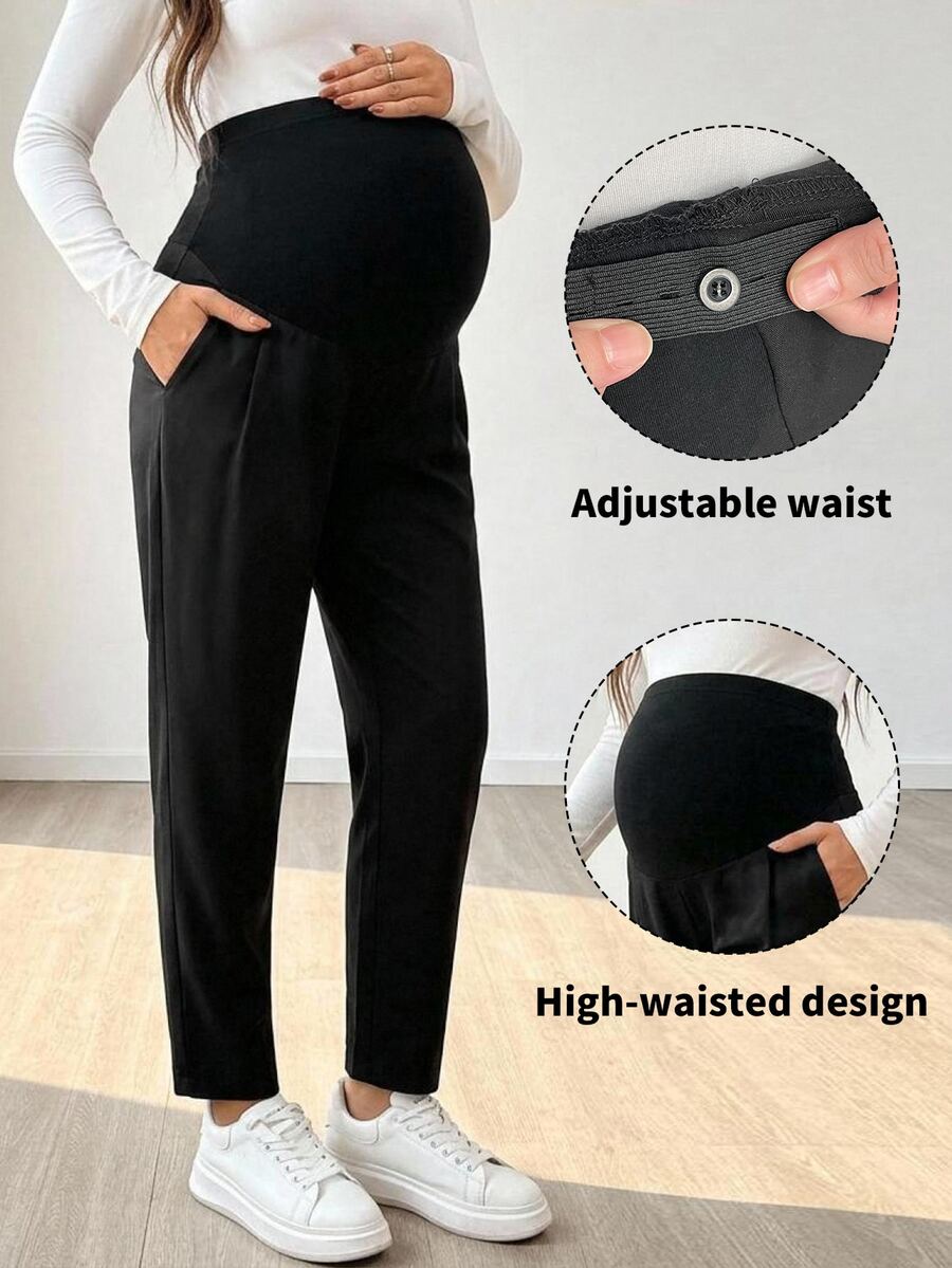 DAZY Solid Color Casual Harem Straight Leg Cropped Patchwork Adjustable Versatile Daily Wear Maternity Pants Fall - Black - View 1
