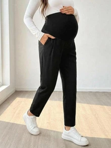 DAZY Solid Color Casual Harem Straight Leg Cropped Patchwork Adjustable Versatile Daily Wear Maternity Pants Fall - Black - View 4