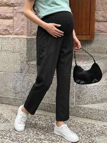 DAZY Solid Color Casual Harem Straight Leg Cropped Patchwork Adjustable Versatile Daily Wear Maternity Pants Fall - Black - View 3