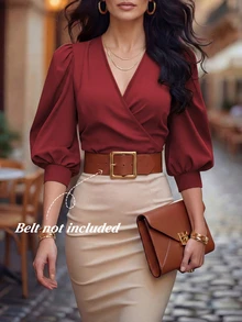 Balvessa V-Neck Cross-Front Petal Sleeve Waist-Cinching Short Blouse For Women - Burgundy - View 1