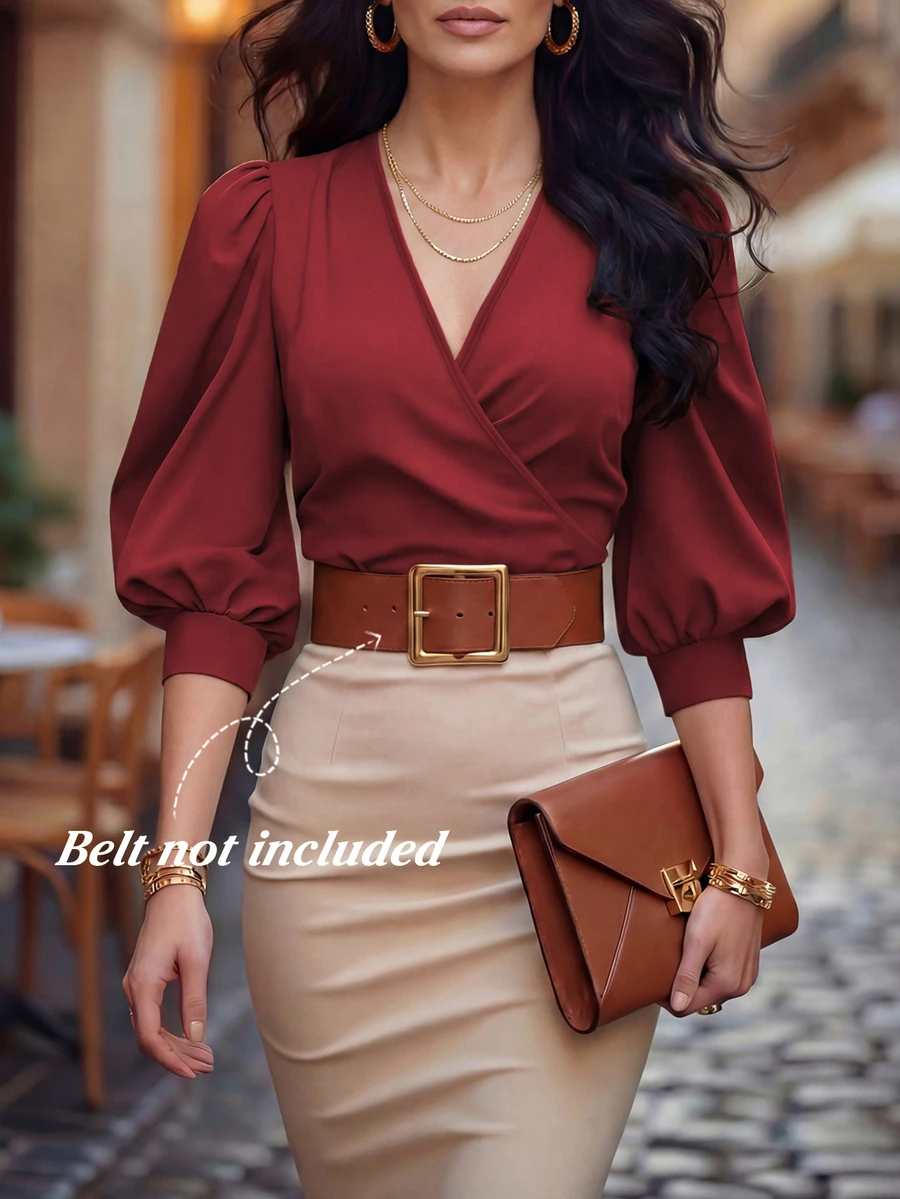Balvessa V-Neck Cross-Front Petal Sleeve Waist-Cinching Short Blouse For Women - Burgundy - View 1