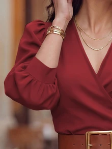Balvessa V-Neck Cross-Front Petal Sleeve Waist-Cinching Short Blouse For Women - Burgundy - View 4