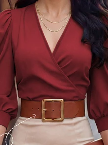 Balvessa V-Neck Cross-Front Petal Sleeve Waist-Cinching Short Blouse For Women - Burgundy - View 3