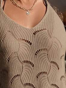 SHEIN Swim 夏季服装 女士系带镂空休闲度假罩衫 - 卡其色 - 查看 6