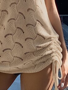 SHEIN Swim 夏季服装 女士系带镂空休闲度假罩衫 - 卡其色 - 查看 5