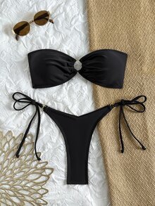 Swim Basics 女士纯色抹胸文胸和侧系带丁字裤套装 - 黑色 - 查看 4