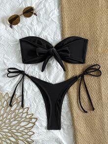 Swim Basics 女士纯色抹胸文胸和侧系带丁字裤套装 - 黑色 - 查看 2