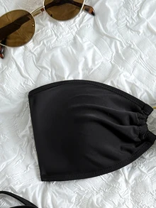 Swim Basics 女士纯色抹胸文胸和侧系带丁字裤套装 - 黑色 - 查看 5