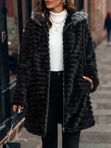 SHEIN Clasi Women's Plush Patchwork Zipper Casual Versatile Faux Fur Jacket Plush Padded Jacket Warm Black Winter Coat - Black - View 4