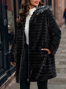 SHEIN Clasi Women's Plush Patchwork Zipper Casual Versatile Faux Fur Jacket Plush Padded Jacket Warm Black Winter Coat - Black - View 3
