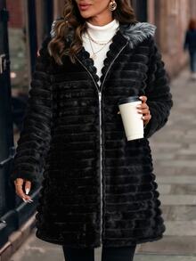 SHEIN Clasi Women's Plush Patchwork Zipper Casual Versatile Faux Fur Jacket Plush Padded Jacket Warm Black Winter Coat - Black - View 5
