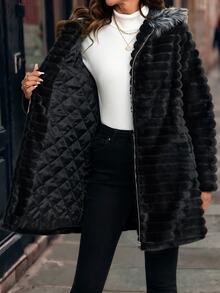 SHEIN Clasi Women's Plush Patchwork Zipper Casual Versatile Faux Fur Jacket Plush Padded Jacket Warm Black Winter Coat - Black - View 8