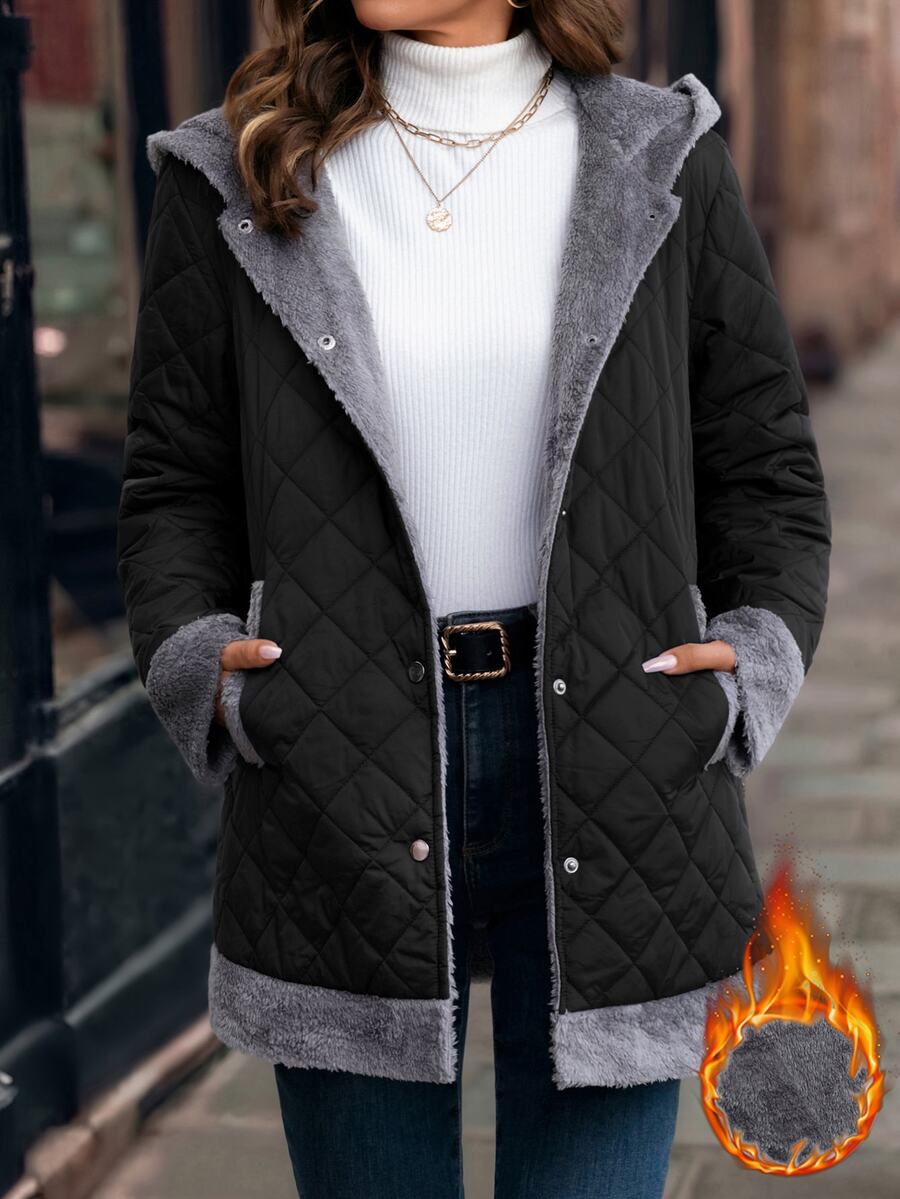 SHEIN Clasi 女款保暖內裡拉鍊休閒日常冬季加厚棉外套 - 黑色 - 查看 1