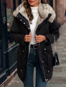 SHEIN Clasi Winter Drawstring Waist Thermal Lined Hooded Parka Jacket - Black - View 5