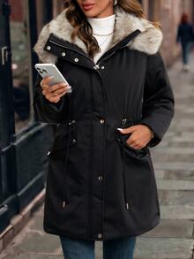 SHEIN Clasi Winter Drawstring Waist Thermal Lined Hooded Parka Jacket - Black - View 7