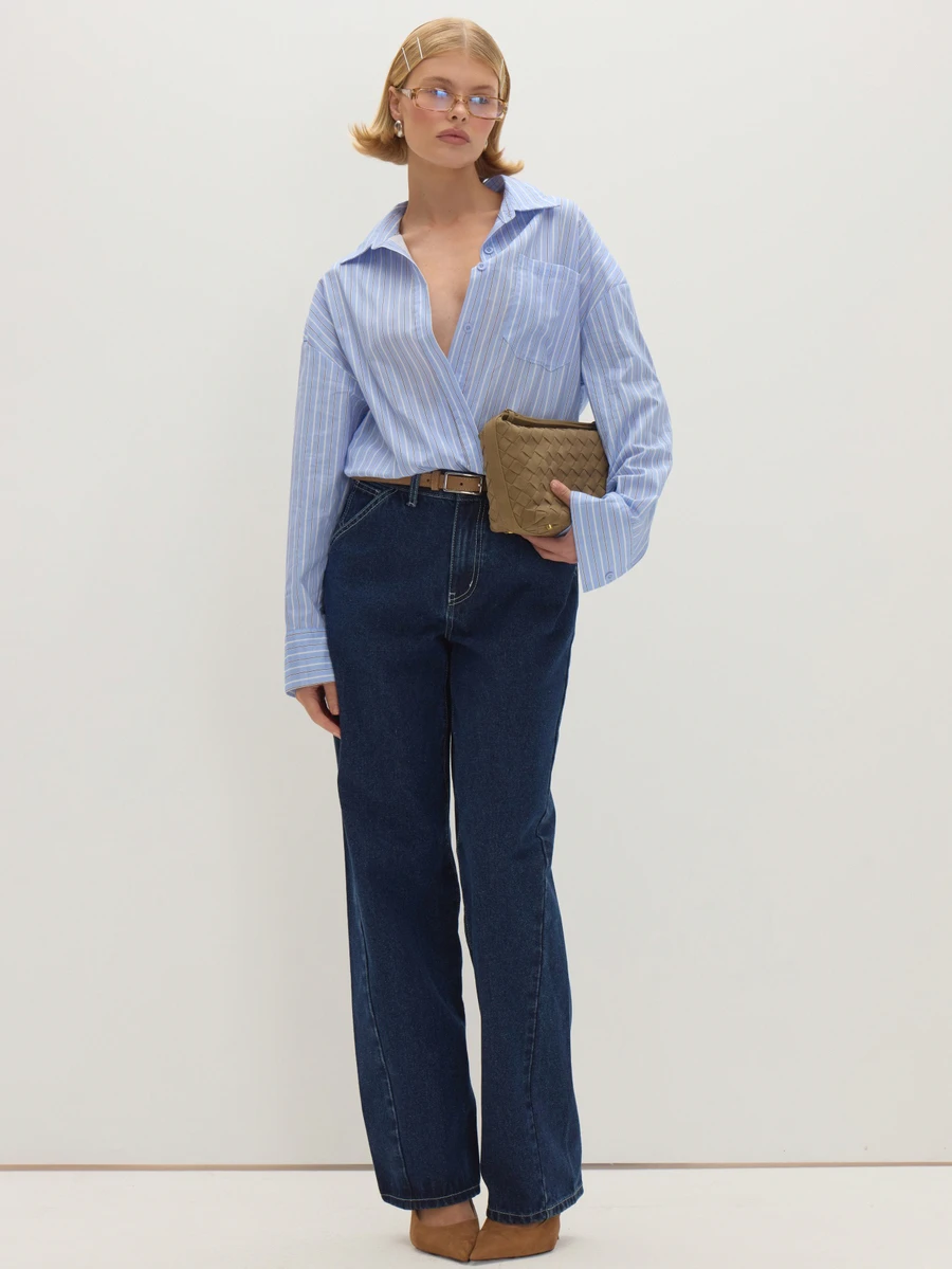 MUSEYN Kemeja Kancing Ukuran Besar dengan Bantalan Bahu Garis Biru - Baby Blue - View 1
