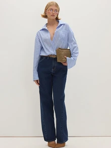 MUSEYN Kemeja Kancing Ukuran Besar dengan Bantalan Bahu Garis Biru - Baby Blue - View 3