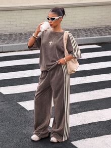 Muchica 女款拼色上衣與長褲休閒街頭風日常套裝 機場穿搭 深灰色 夏季 - 棕色 - 查看 7