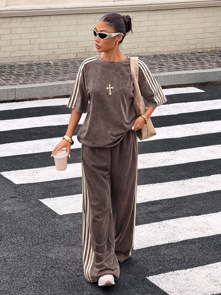 Muchica Women's Colorblock Top And Pants Casual Streetwear Daily Set Airport Dark Grey Summer - Brown - View 4
