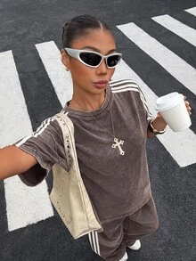 Muchica 女款拼色上衣與長褲休閒街頭風日常套裝 機場穿搭 深灰色 夏季 - 棕色 - 查看 3